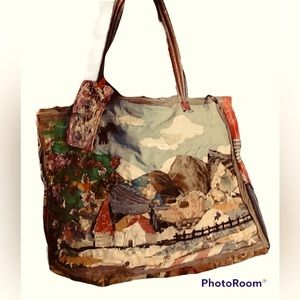 Handmade OOAK Bag artistic scrap fabric scenario village with mountain